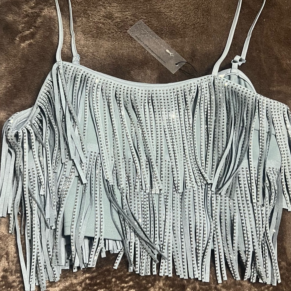 Fringe Embellished Gray Top